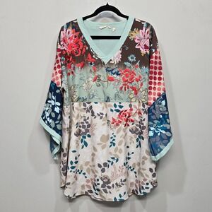 Soft Surroundings Tunic Women Medium Floral Patchwork Embroidered Boho Kimono